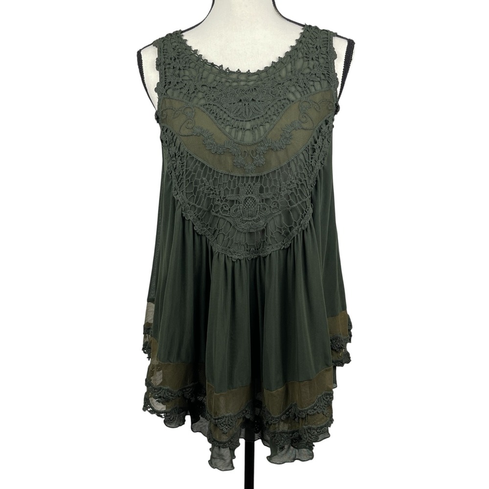 Indigo Thread Co Women's Babydoll Top Large Green Lace Sheer Button Back Blouse
